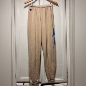 Aviator Nation Sand Tan Blue Bolt Sweatpants Classic Cozy Soft Comfy Size Small